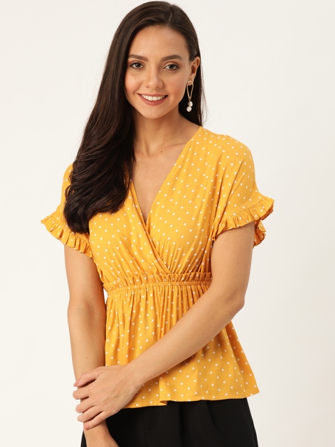

20Dresses Women Mustard Yellow & White Polka Dot Printed Wrap Top