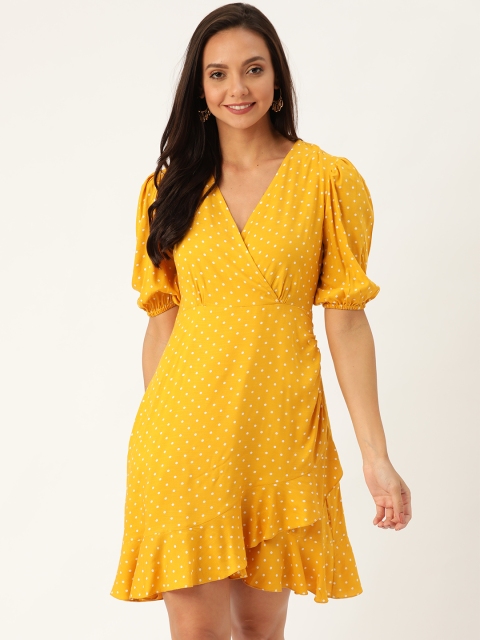 

20Dresses Women Mustard Yellow & White Printed Wrap Dress