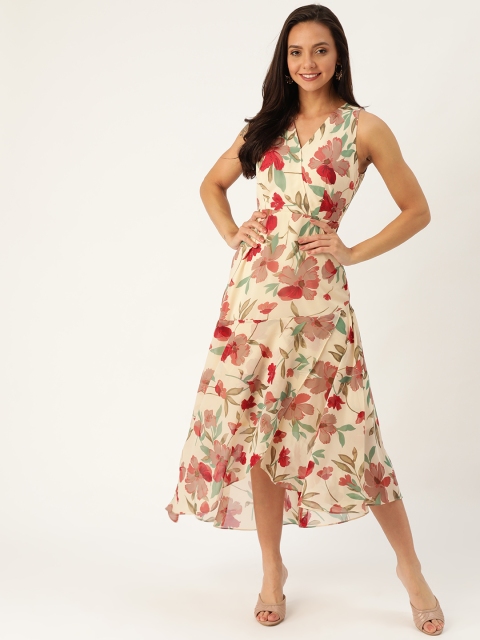 

20Dresses Women Beige & Maroon Floral Print Wrap Dress