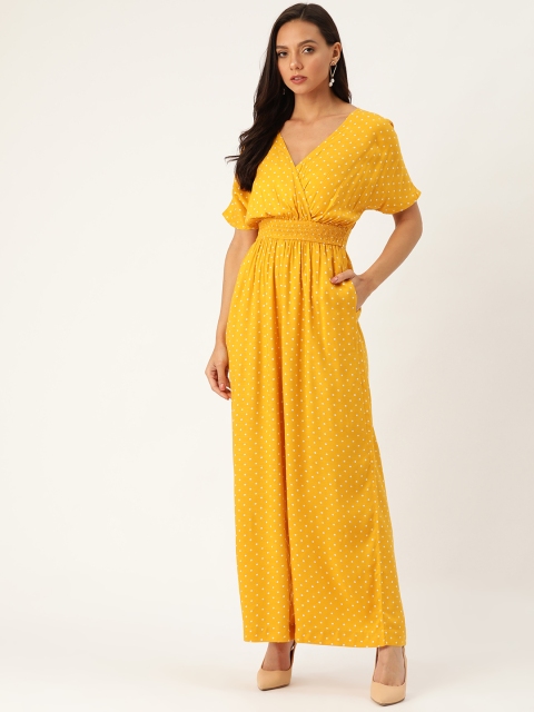 

20Dresses Women Mustard Yellow & White Polka Dots Print Wrap Jumpsuit