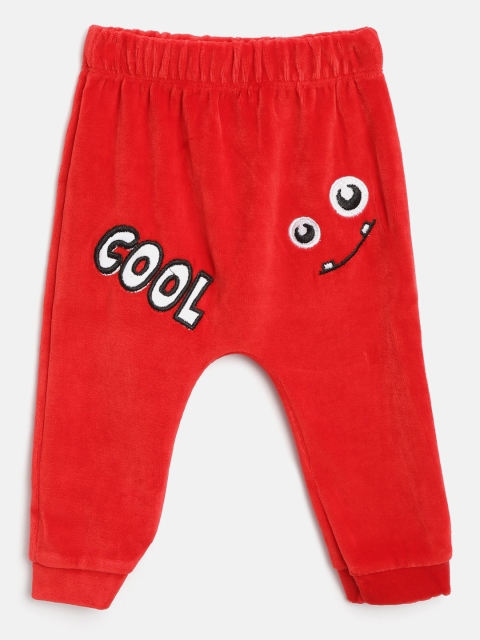 

Moms Love Boys Red & Black Solid Velvet Finish Lounge Pants with Applique Detail