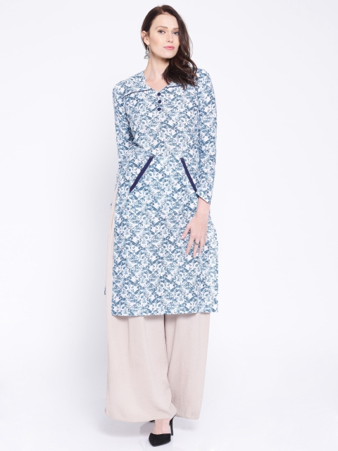 

Anouk Women White & Blue Quirky Printed Straight Kurta