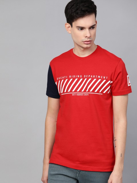 

Ducati Men Red White Typography Print Round Neck Pure Cotton T-shirt with Colourblocked Detail