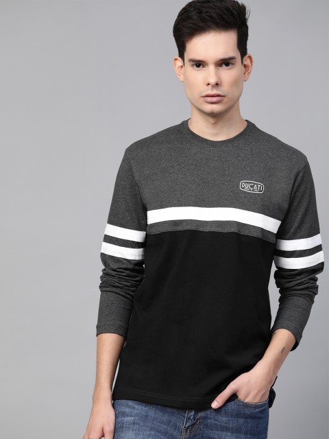 

Ducati Men Black Charcoal Grey Colourblocked Round Neck Pure Cotton T-shirt