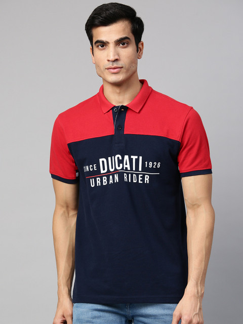

Ducati Men Navy Blue & Red Colourblocked Polo Collar T-shirt