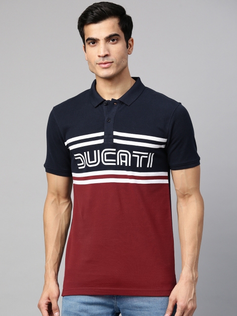 

Ducati Men Maroon Navy Blue Colourblocked Polo Collar Pure Cotton T-shirt