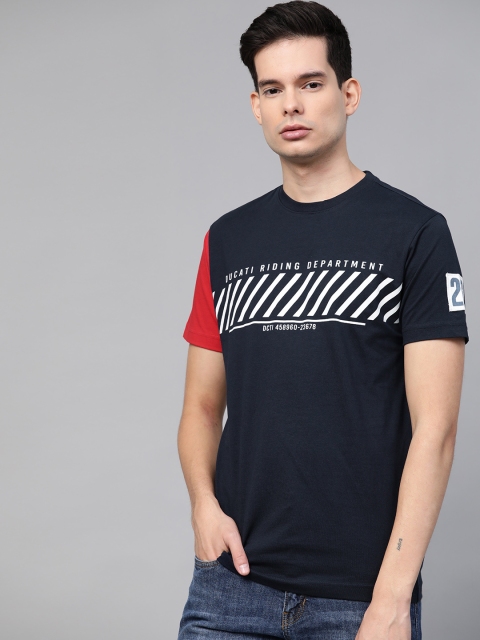 

Ducati Men Navy Blue White Typography Print Round Neck Pure Cotton T-shirt with Colourblocked Detail