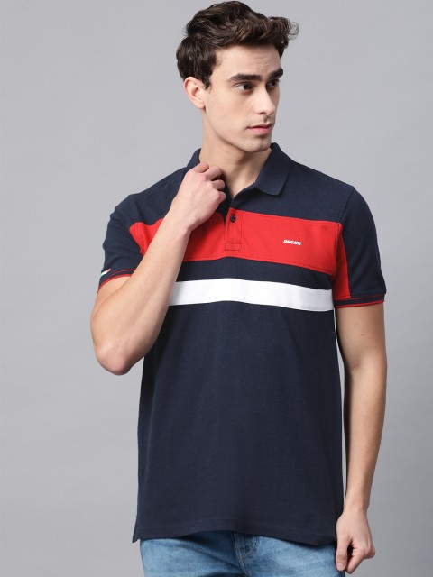

Ducati Men Navy Blue Orange Striped Polo Collar Pure Cotton T-shirt