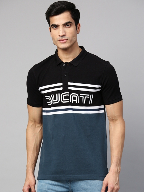 

Ducati Men Black Navy Blue Colourblocked Polo Collar Pure Cotton T-shirt