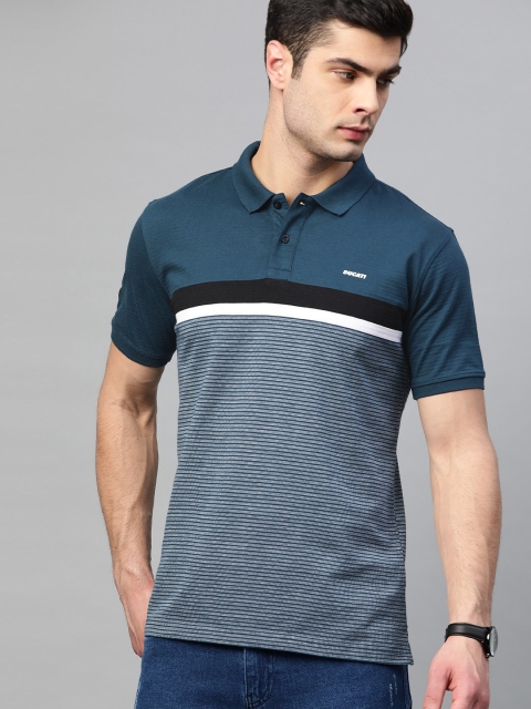 

Ducati Men Teal Blue & White Pure Cotton Striped Polo Collar T-shirt