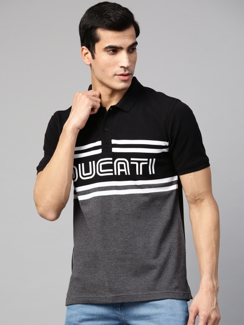 

Ducati Men Charcoal Grey Navy Blue Colourblocked Polo Collar Pure Cotton T-shirt