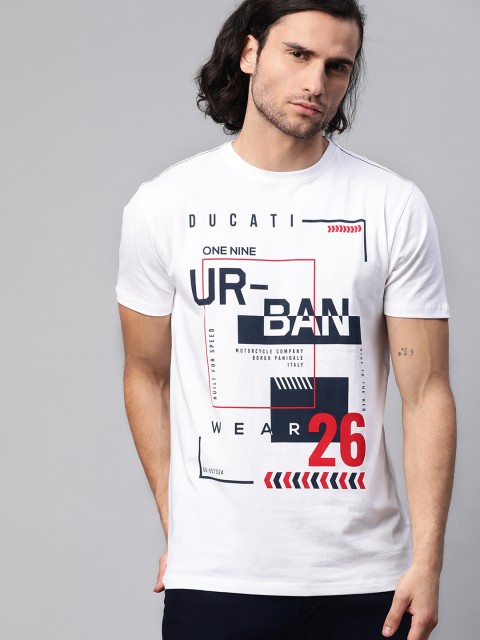 

Ducati Men White & Navy Blue Printed Round Neck T-shirt