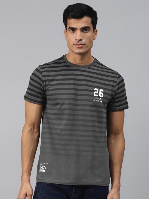 

Ducati Men Charcoal Grey & Black Striped Round Neck T-shirt with Printed Detail