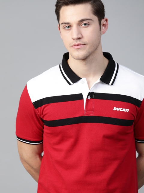 

Ducati Men Red & Black Pure Cotton Striped Polo Collar T-shirt