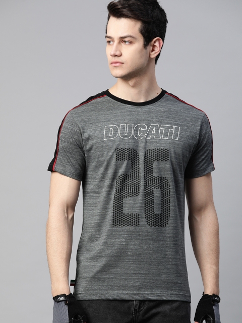 

Ducati Men Charcoal Grey & Black Brand Logo Printed Round Neck T-shirt