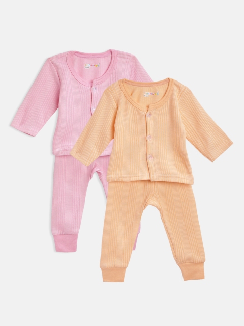 

KUCHIPOO Kids Pack of 2 Coral Orange & Pink Self Striped Thermal Sets