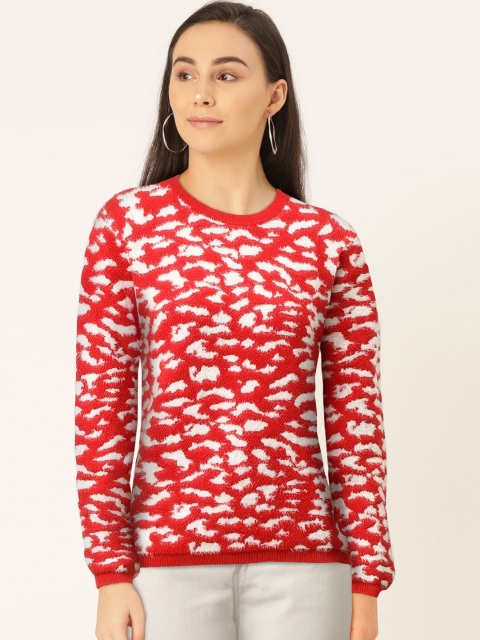 Women Red & White Fuzzy Self-Design Pullover