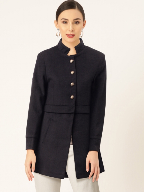 

Madame Women Navy Blue Solid Single-Breasted Overcoat
