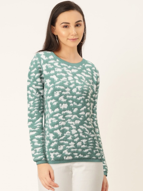 

Madame Women Sea Green & White Abstract Fuzzy Self-Design Pullover