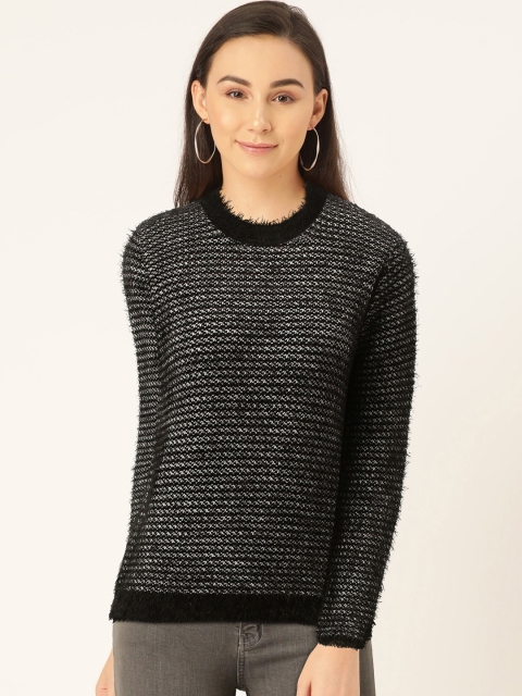 

Madame Women Black & White Striped Fuzzy Pullover