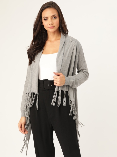 

Madame Women Grey Self-Checked Fringed Wrap Sweater