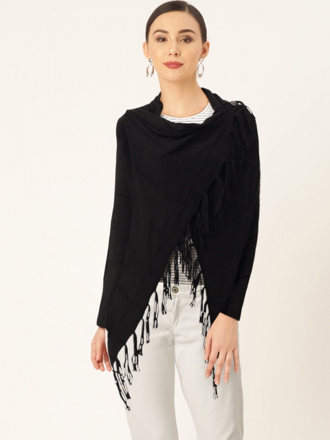 

Madame Women Black Self-Checked Fringed Wrap Sweater