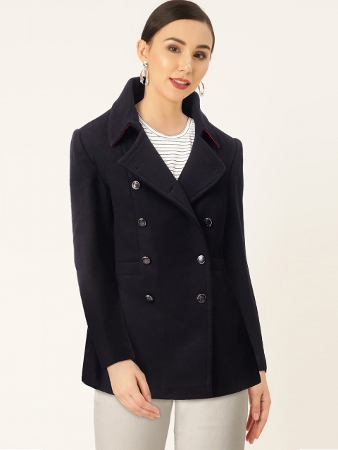 

Madame Women Navy Blue Solid Double-Breasted Pea Coat