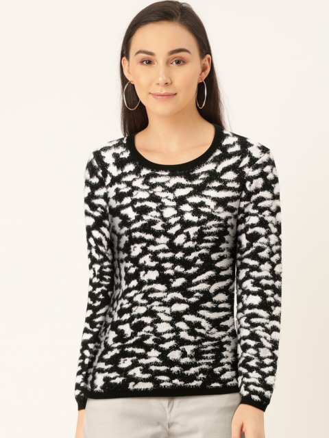 

Madame Women Black & White Self-Design Pullover