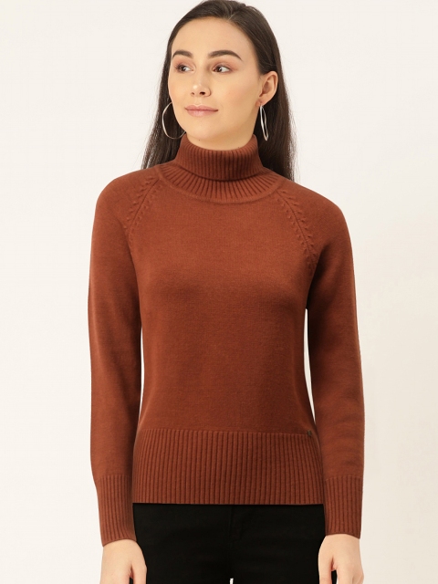 

Madame Women Rust Brown Solid Turtle Neck Pullover
