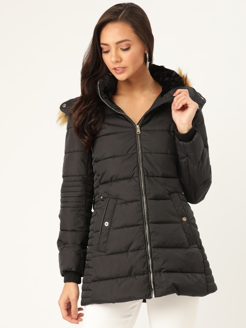 

Madame Women Black Solid Hooded Parka Jacket