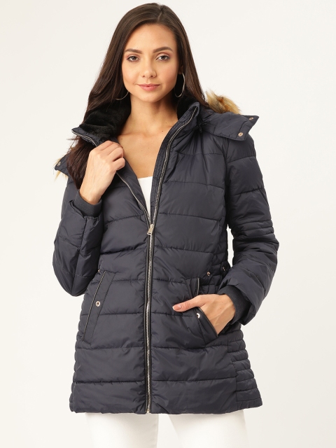 

Madame Women Navy Blue Solid Hooded Parka Jacket