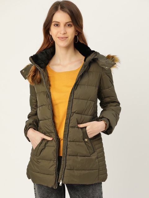 

Madame Women Olive Green Solid Detachable Hood Parka Jacket