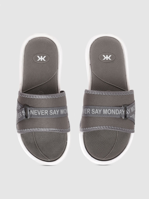 

Kook N Keech Men Charcoal Grey & White Typography Print Sliders with Textured Detail