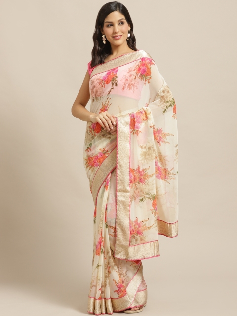 

Vishal Prints Cream-Coloured & Coral Pink Floral Print Saree