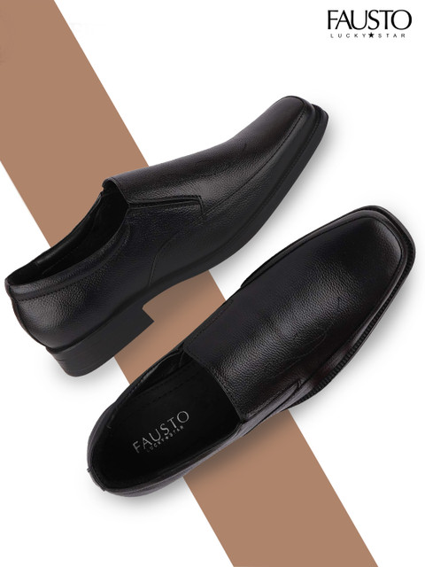 

FAUSTO Men Black Solid Genuine Leather Formal Slip-Ons
