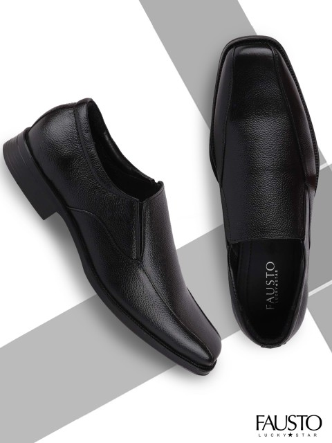 

FAUSTO Men Black Solid Genuine Leather Formal Slip-Ons
