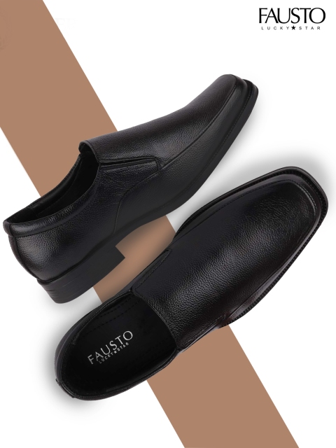 

FAUSTO Men Black Solid Genuine Leather Formal Slip-Ons