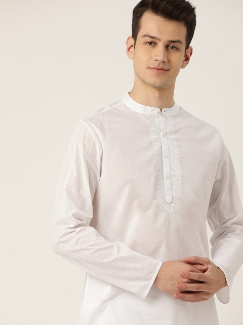 

House of Pataudi Men White Pure Cotton Solid Kurta with Trousers