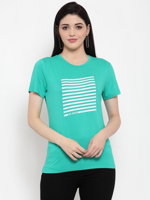 

DOOR74 Women Green Printed Round Neck T-shirt