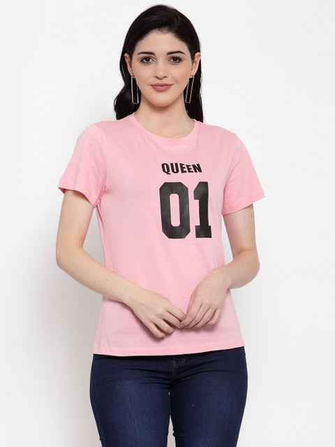 

DOOR74 Women Pink Printed Round Neck T-shirt