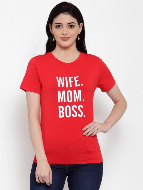 

DOOR74 Women Red Printed Round Neck T-shirt
