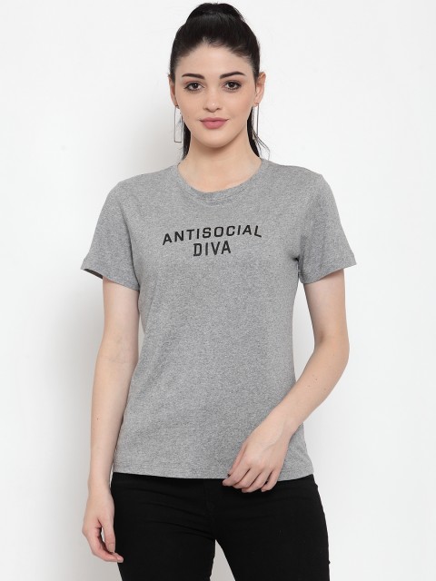 

DOOR74 Women Grey Printed Round Neck T-shirt