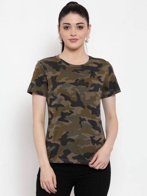 

DOOR74 Women Green Camouflage Printed Round Neck T-shirt