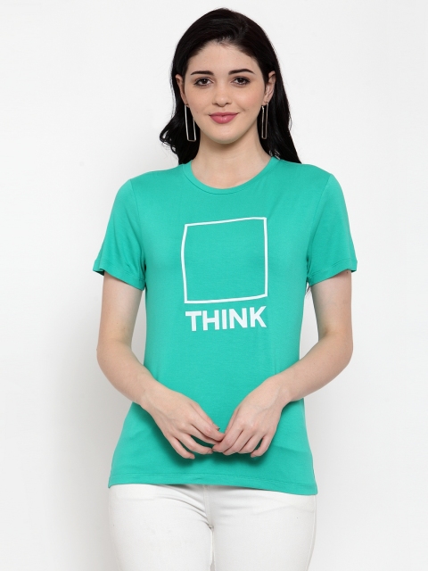 

DOOR74 Women Green Printed Round Neck T-shirt