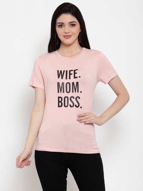 

DOOR74 Women Pink Printed Round Neck T-shirt