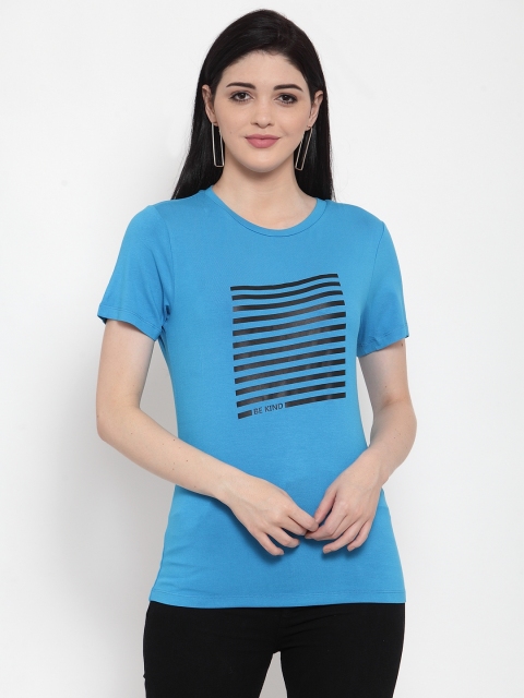 

DOOR74 Women Blue Striped Round Neck T-shirt