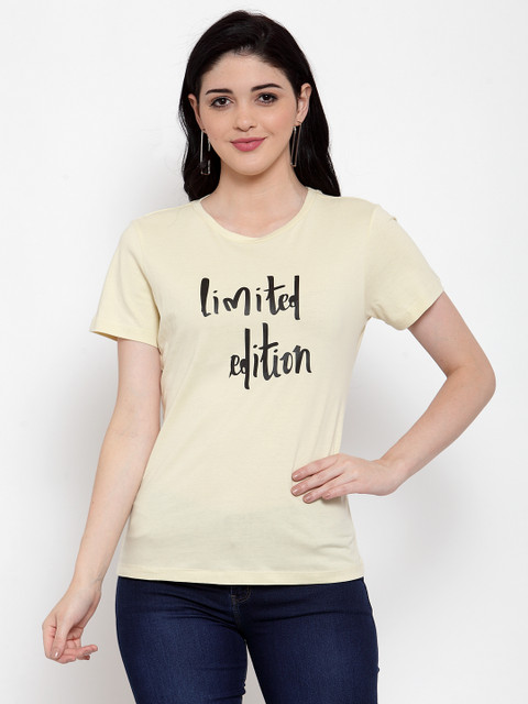

DOOR74 Women Yellow & Black Printed Round Neck T-shirt