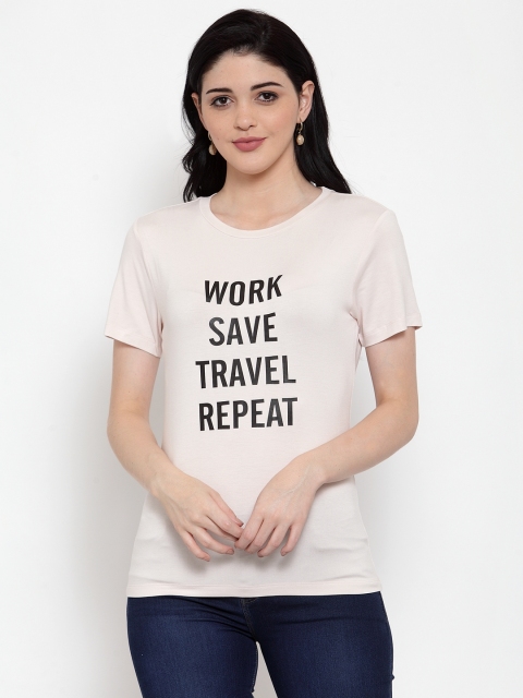 

DOOR74 Women Pink Printed Round Neck T-shirt