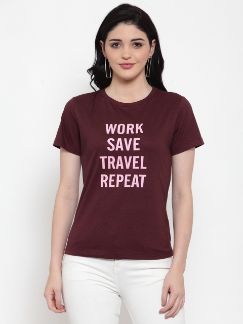 

DOOR74 Women Maroon Printed Round Neck T-shirt