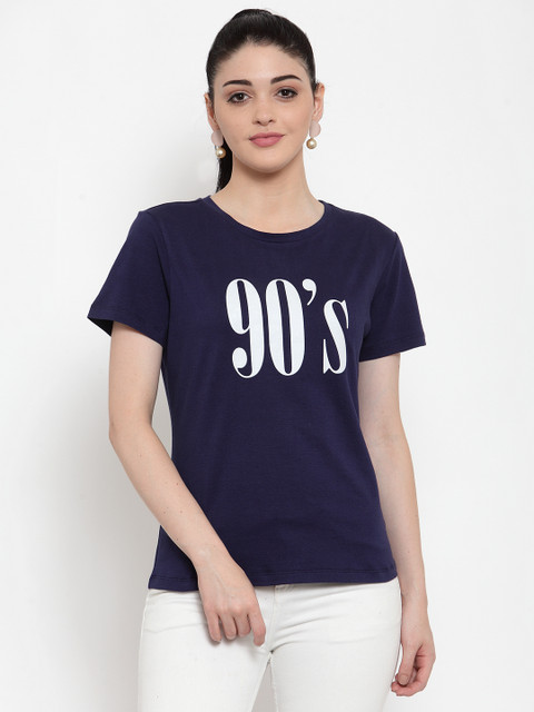 

DOOR74 Women Navy Blue Printed Round Neck T-shirt